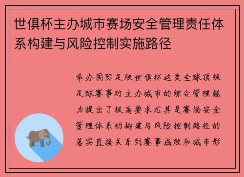 世俱杯主办城市赛场安全管理责任体系构建与风险控制实施路径